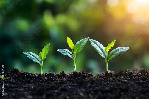  Young Green Plants Sprouting in Fertile Soil with Sunlight, Symbolizing Progress, Development, and Sustainability. - Growth and Success Concept –