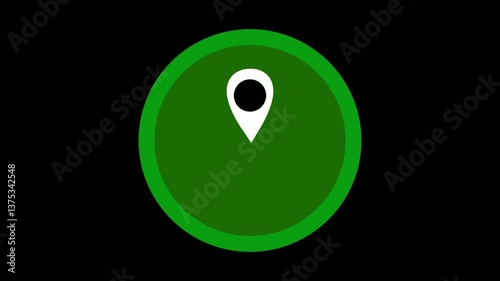 Location indicator and location icon animation. GPS icon in white and black color on black and green screen background.