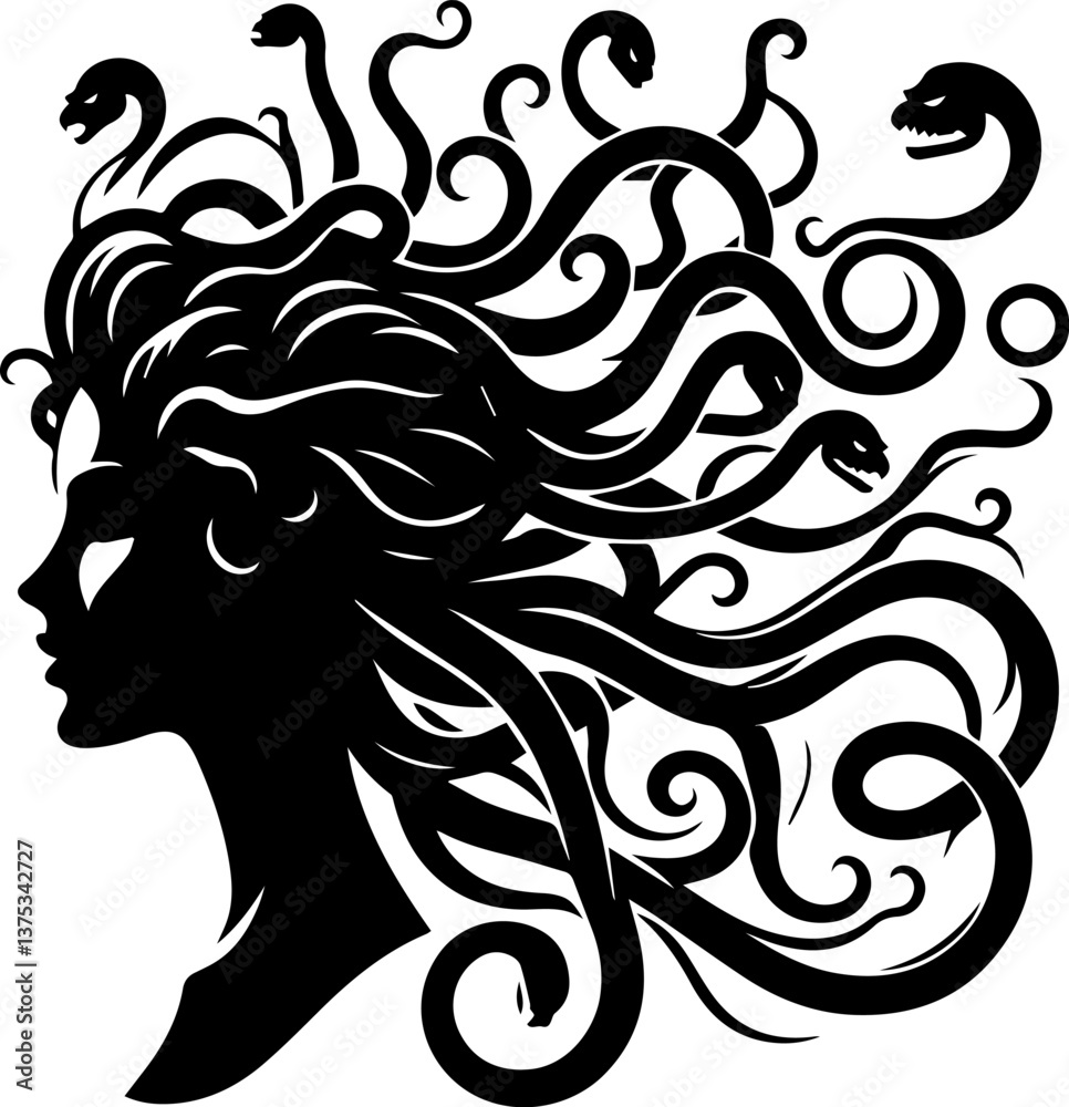 Fototapeta premium Mythical Medusa silhouette with snake hair in black and white 