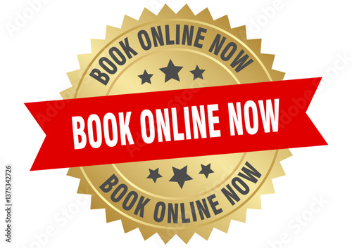 book online now. book online now round red and gold label isolated on transparent background