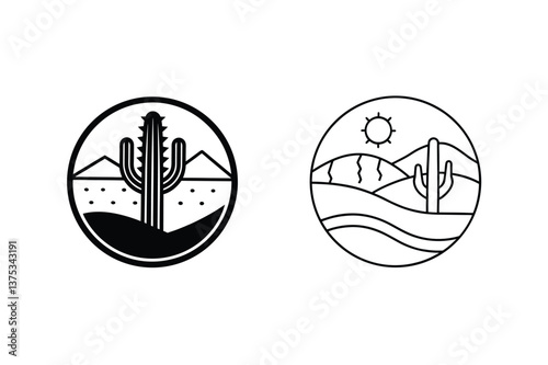 Desert Cactus Landscape Icons Minimalist Line Art Designs