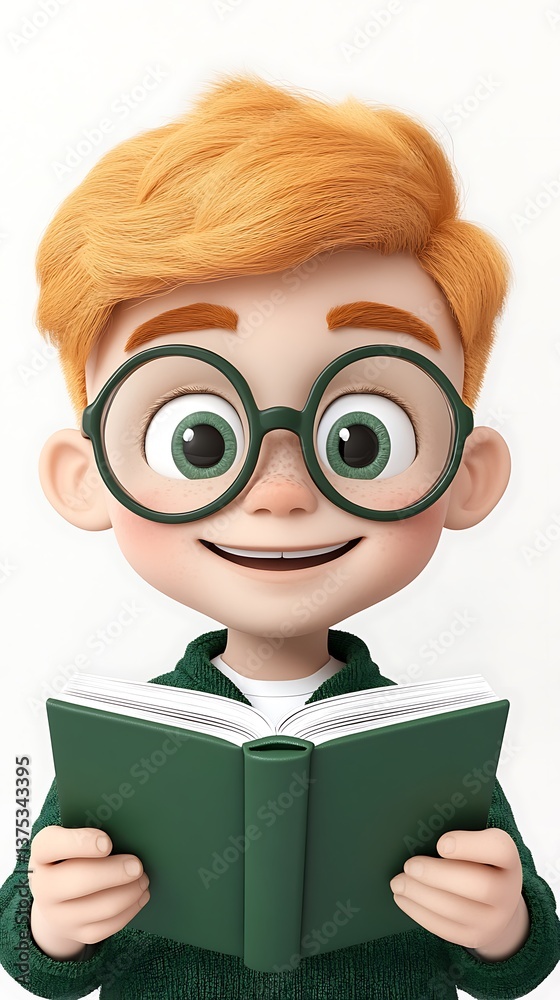 Smiling Boy Reading a Book 3D Illustration Smiling Boy Reading a Book 3D Illustration