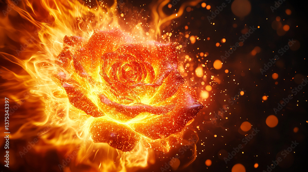 Fototapeta premium Fiery rose with glowing petals and sparks, symbolizing passion and beauty. vibrant colors and dynamic flames create mesmerizing visual effect