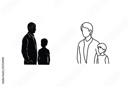 Father Son Silhouettes, Family Bonds, Line Art, Minimalist Design, Black and White