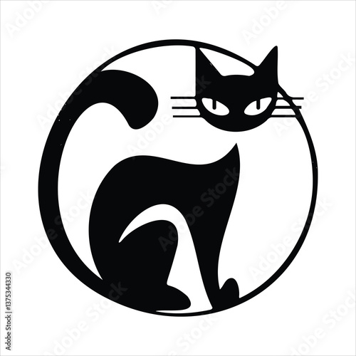 Elegant Cat Silhouette: A sleek black cat silhouette is poised gracefully, within a circular frame. A modern minimalist design, perfect for use in art, logos, or graphic elements.