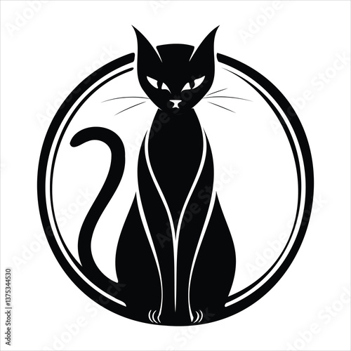 Silhouette of Mysterious Cat: A striking monochrome silhouette of a cat, exuding an air of mystery and elegance, its sleek form framed within a circular design.