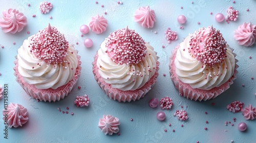 Three Pink Cupcakes with Sprinkles and Meringues on a Light Blue Background