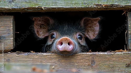 Curious Piglet Peeking Through Wooden Fence