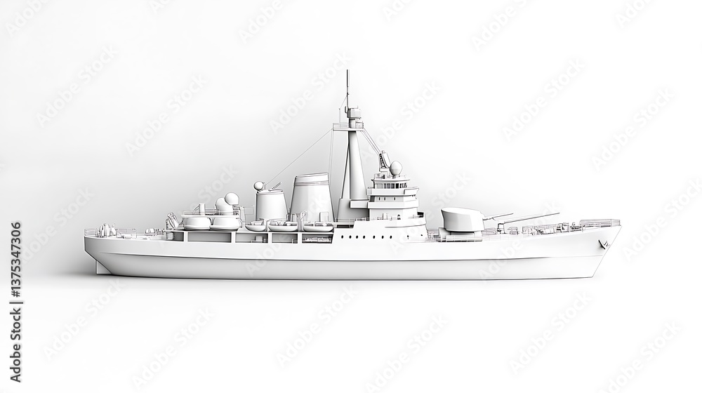 Fototapeta premium White Warship 3D Render Detailed Profile View