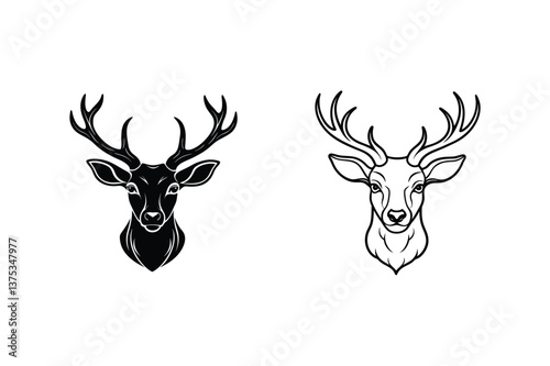 Two Elegant Deer Head Illustrations Line Art and Silhouette