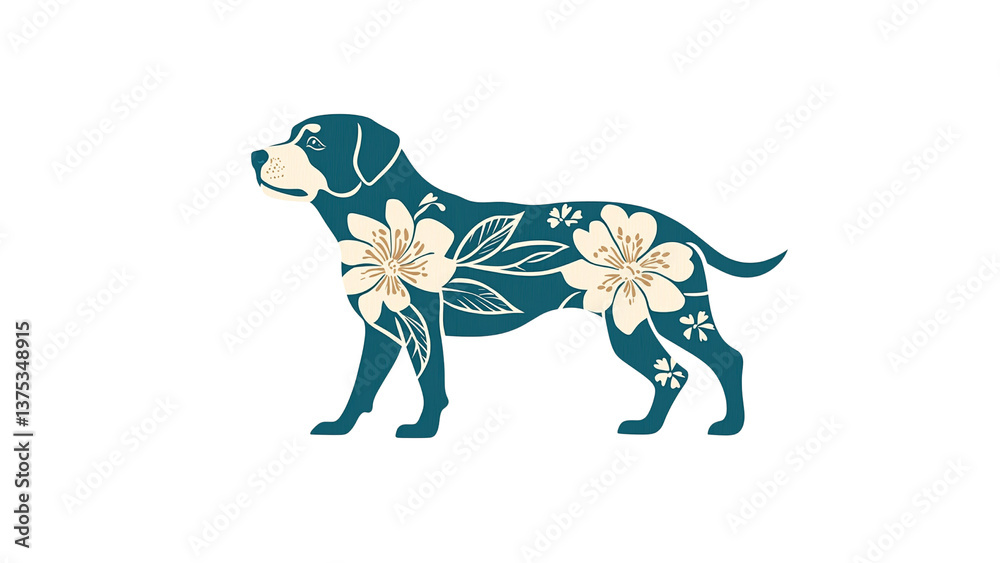 Obraz premium Elegant Teal Dog Silhouette with Floral Design