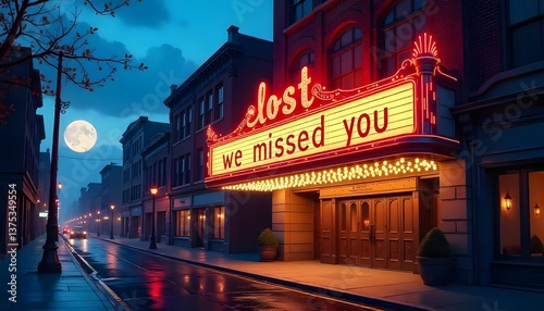 Empty City Street with Closed Theater and We Missed You Sign at Night