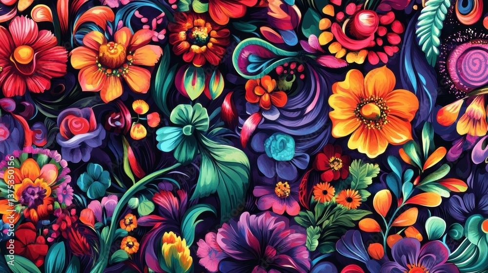 a vibrant and seamless floral pattern with bold, colorful flowers and swirling leaves on a dark background a vibrant and seamless floral pattern with bold, colorful flowers and swirling leaves on a dark background