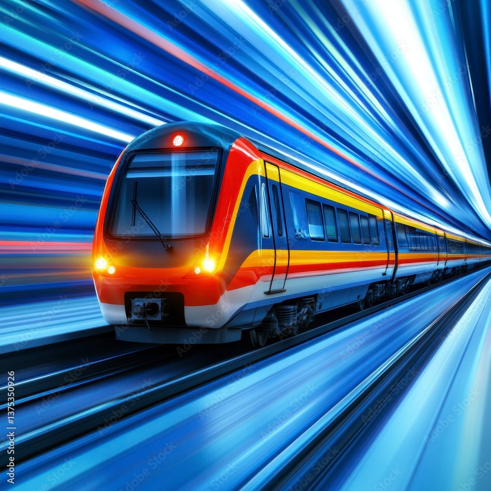 Fototapeta premium High speed train traveling through a tunnel, dynamic motion blur, blue and red color scheme.