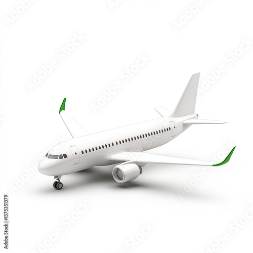 A pristine white passenger jet poised for takeoff, ready for adventure, with accents of vibrant green on its wingtips against a stark white background.