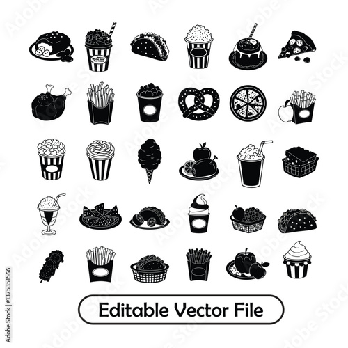 Hand-Drawn Fried & Baked Food black silhouette Vector Illustration Set. Collection of Delicious Food Items Pizza Burgers Sandwiches and Desserts