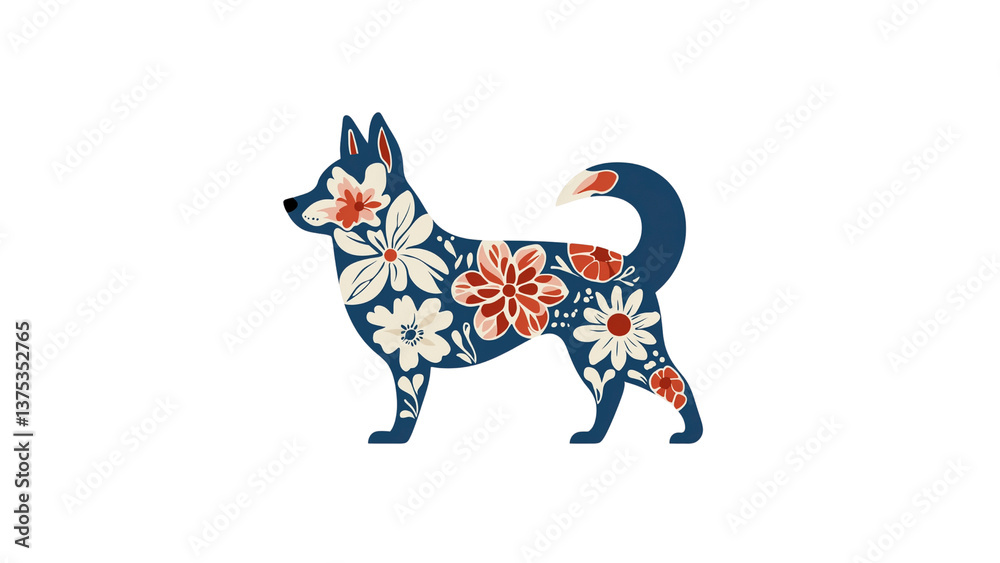 Obraz premium Floral Dog Silhouette Elegant Canine Design with Red and White Flowers