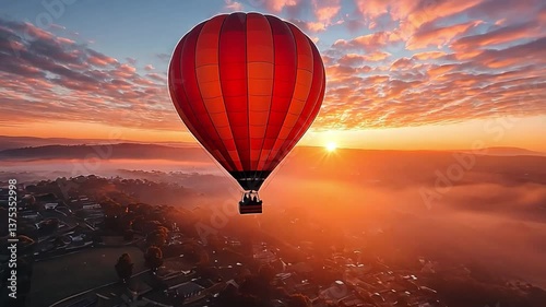 Wallpaper Mural Soaring to Sunrise: A vibrant red hot air balloon floats serenely against a canvas of a spectacular sunrise, casting a warm glow on the landscape below.  Torontodigital.ca