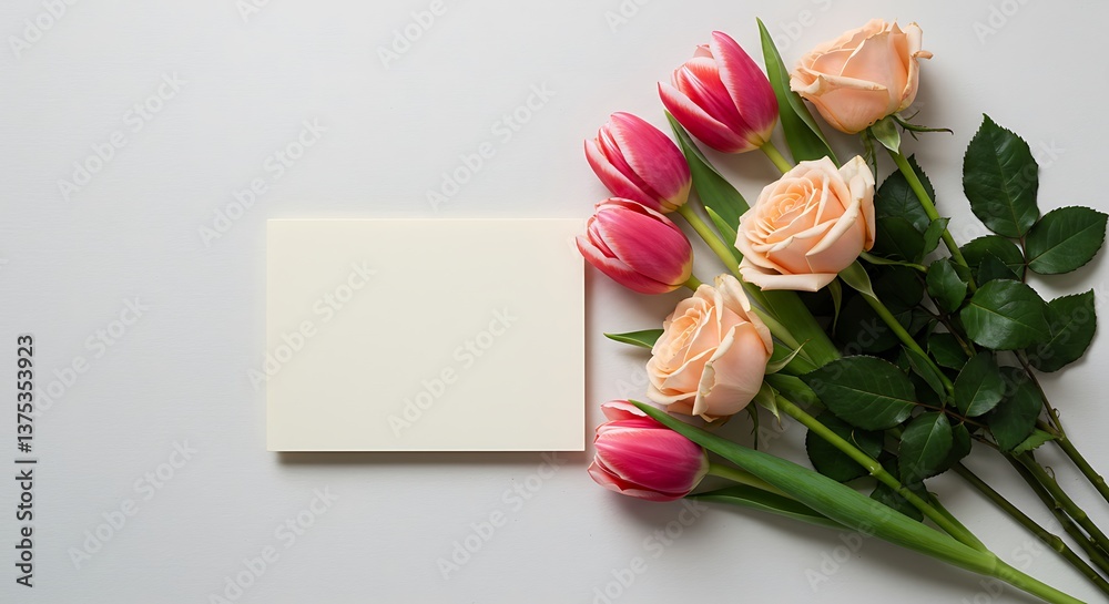 Fototapeta premium Elegant Pink and Peach Roses and Tulips with Blank Notecard