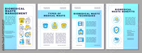 Biomedical waste management brochure layout. Biohazard containment, disposal. Leaflet advertising design with color line icons. Editable 4 pages. Arial-Black, Myriad Pro-Regular fonts used