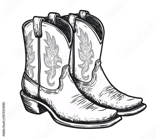 Cowboy boots clipart, simple black and white outline drawing, transparent background