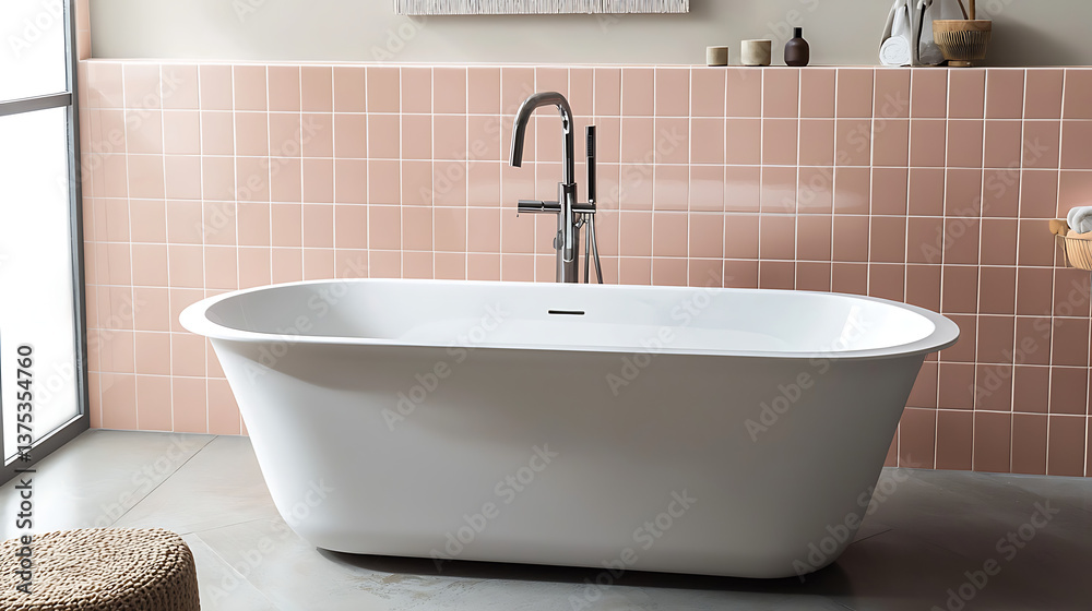 Fototapeta premium A white bathtub with a pink wall behind it