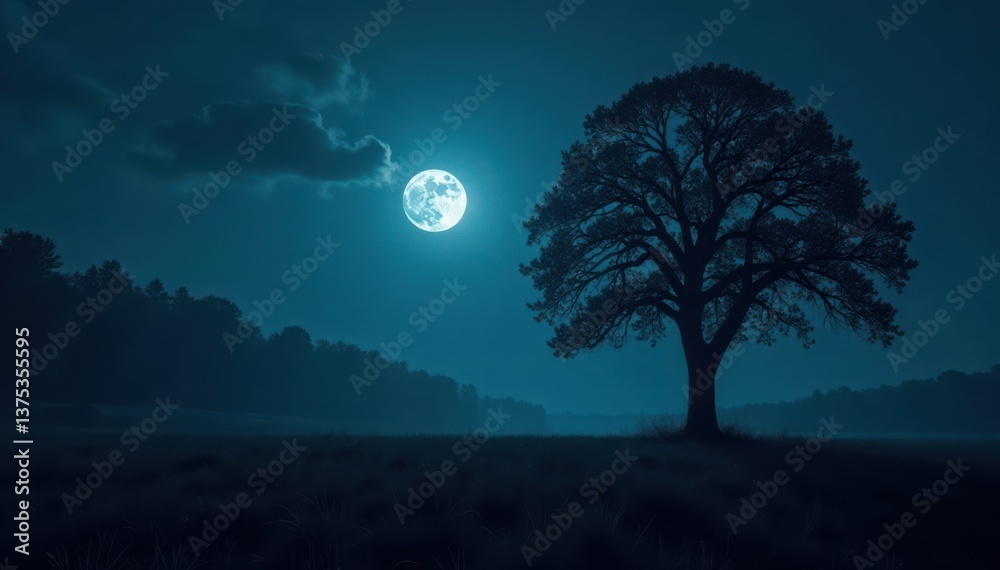 Darkened forest with a lone tree casting an eerie shadow under a full moon hanging low in the sky, eerie, fullmoon