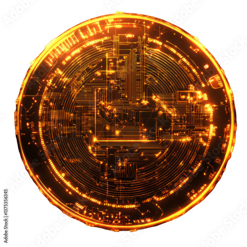 A golden coin with a lot of circuitry on it