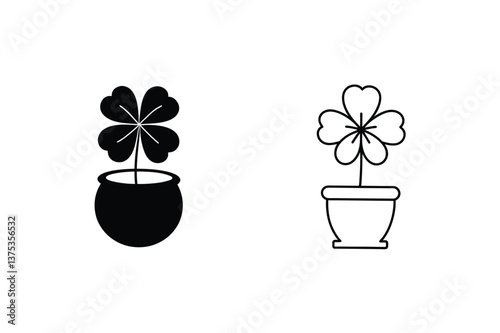 Four-leaf clover, plant, pot, icon, design, illustration, symbol, luck, graphic, image