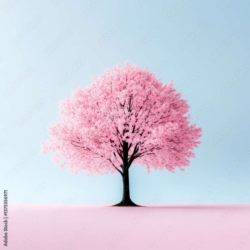 Obraz premium Pink cherry blossom tree on a pale pink and blue background. Minimalist digital art.