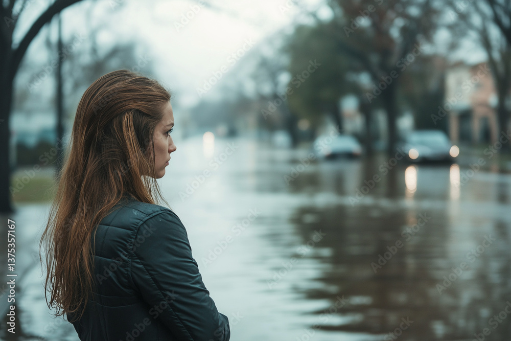 A young woman standing on the sidewalk gazing thoughtfully at a flooded street A young woman standing on the sidewalk gazing thoughtfully at a flooded street