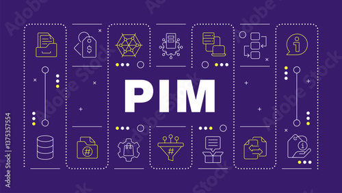 PIM dark purple word concept. Product information management system. Commercial data processing. Horizontal vector image. Headline text surrounded by editable outline icons. Hubot Sans font used