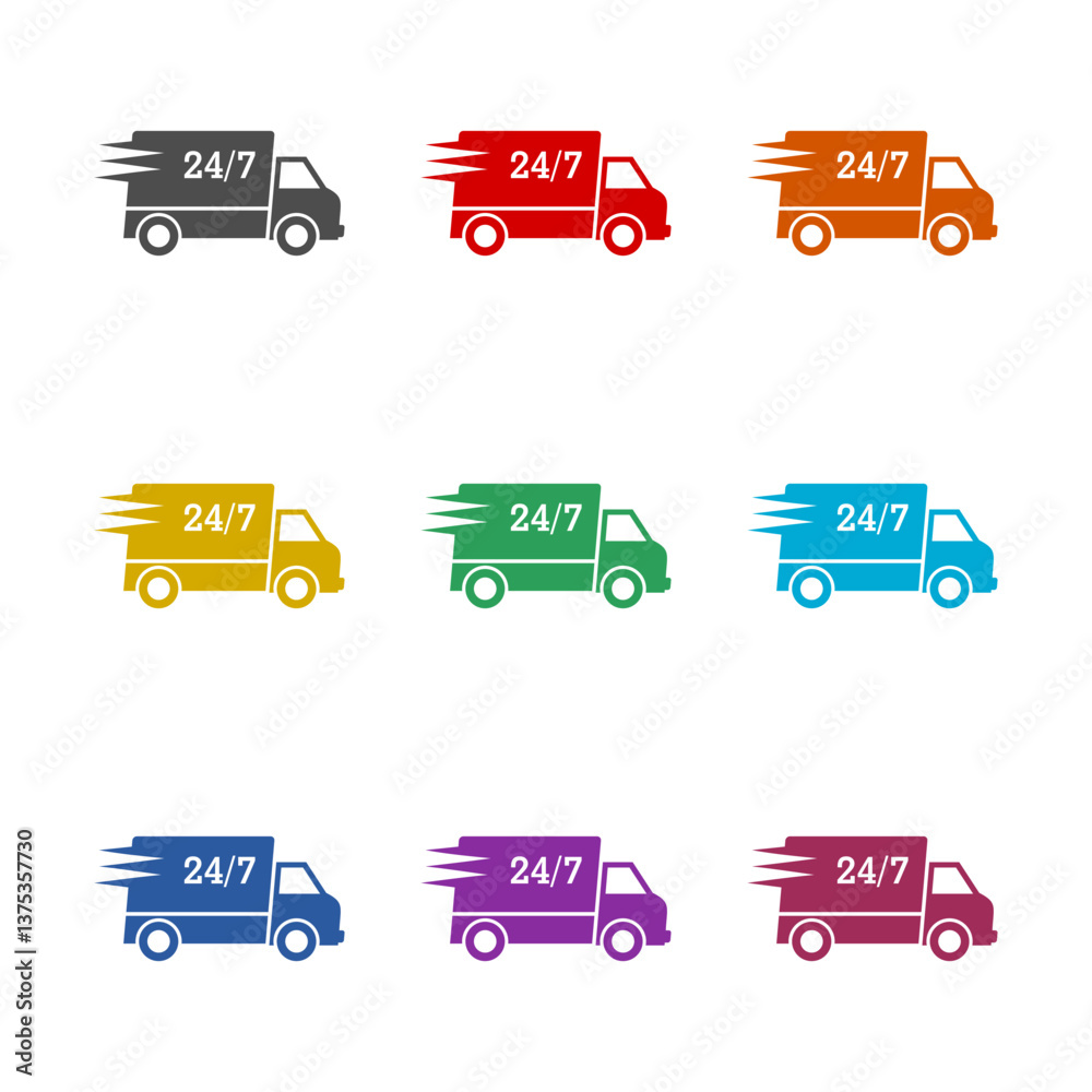 24 7 hour delivery truck icon isolated on white background. Set icons colorful 24 7 hour delivery truck icon isolated on white background. Set icons colorful