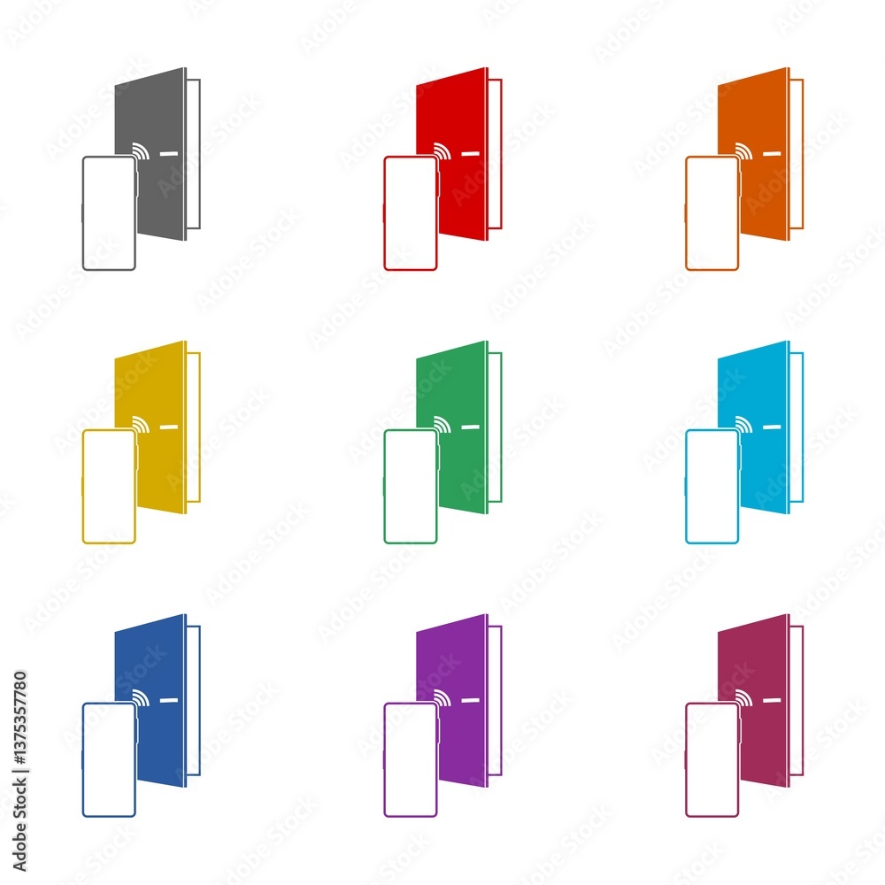 Smart phone open door icon isolated on white background. Set icons colorful Smart phone open door icon isolated on white background. Set icons colorful