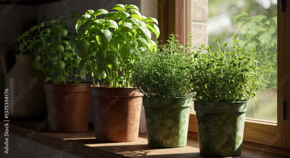 Fototapeta premium Sunlit Herb Garden Windowsill