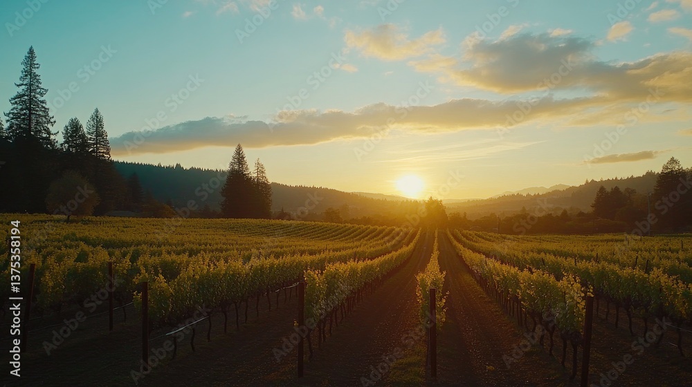 Obraz premium A breathtaking sunset over a vineyard, with golden light highlighting the rows of grapes.