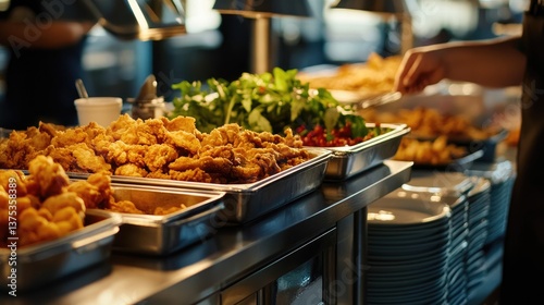 A buffet-style setting with chicken fried steak, side dishes, and Southern comfort food.