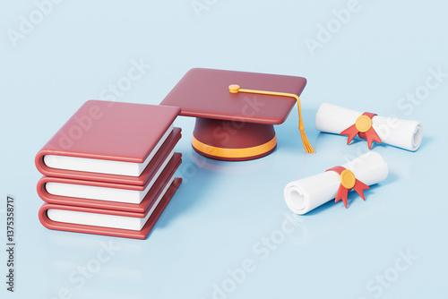 3d rendering cartoon trencher cap scroll and boosk in blue background
