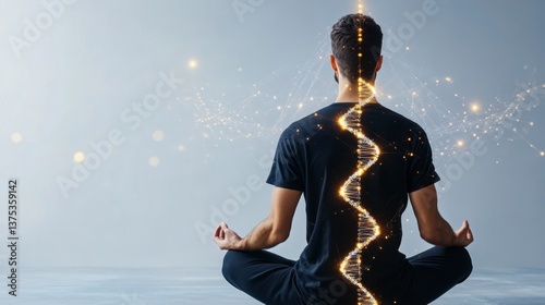 Man in lotus position, DNA strand glowing along spine, ethereal light background. Peaceful meditative pose, spiritual concept.