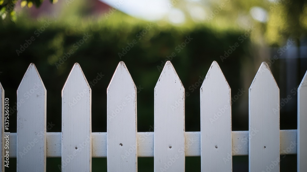 White Picket Fence with Sharp Tips Surrounded by Lush Greenery White Picket Fence with Sharp Tips Surrounded by Lush Greenery