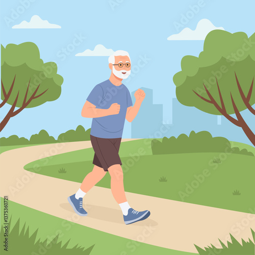 Older man  running outdoors. Healthy body, flexibility and wellness. Pensioner morning workout at city park. Vector Illustration