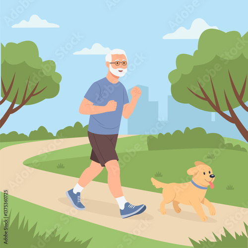 Senior man with dog running outdoor street and park. Fitness, wellness or healthy lifestyle. Elderly person exercise, workout or jogging. Vector Illustration