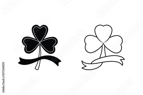 Shamrock Icons Black, White, Irish, Clover, Ribbon, Design Elements
