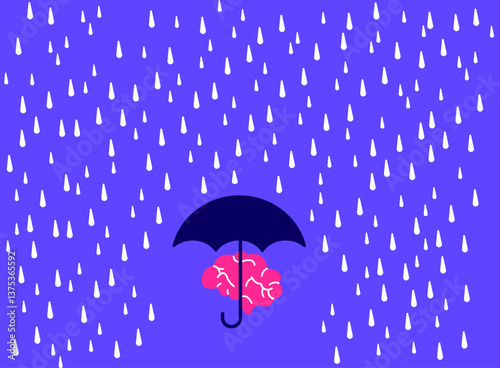Protect brain with umbrella from rainy season, mental health care concept illustration