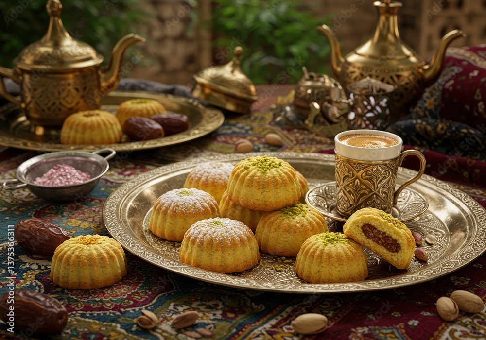 Delicious Lebanese maamoul with dates served on a traditional platter with coffee Delicious Lebanese maamoul with dates served on a traditional platter with coffee