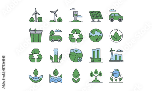 A modern vector illustration featuring a collection green industry icons representing sustainability, easily editable.