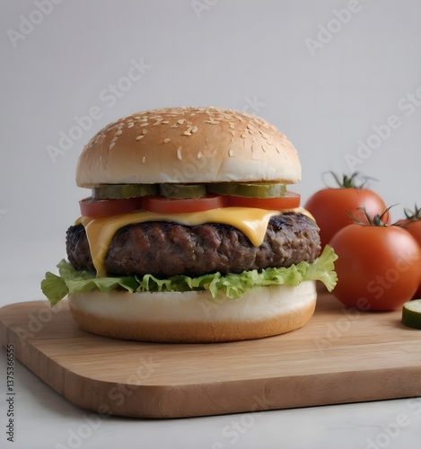 Classic Grilled Burger with tomato in background 