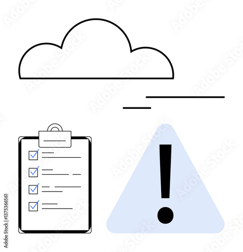Cloud above a checklist with checkmarks and an attention triangle icon. Ideal for data storage, cybersecurity, cloud computing, system updates, risk management, compliance, flat simple metaphor
