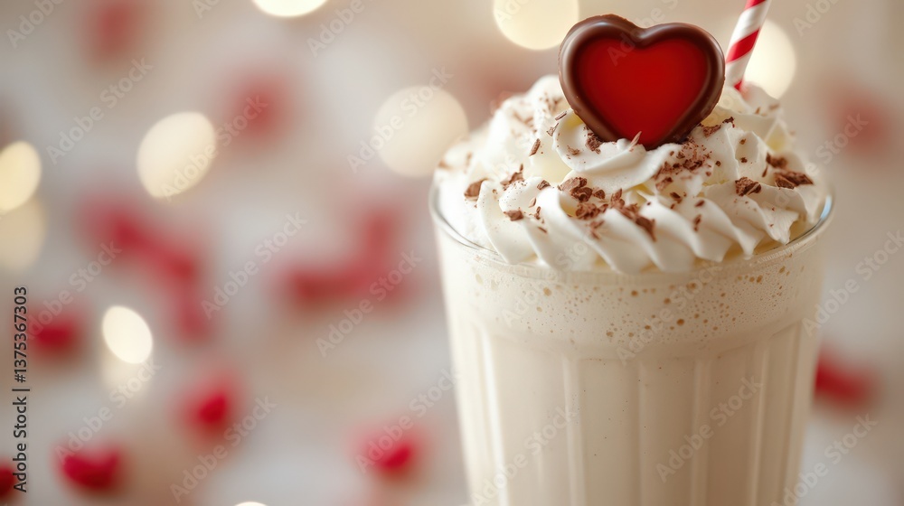 Creamy milkshake topped with whipped cream and a chocolate heart Creamy milkshake topped with whipped cream and a chocolate heart