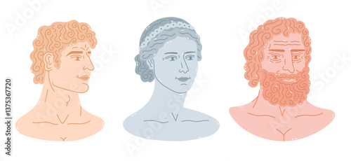 Lovely cartoon set of Greek woman and man sculpture. Hand drawn antique bust of David, young goddess, old god Jupiter. Trendy clipart collection of ancient marble head statues isolated on white.